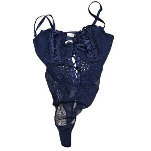 Victoria's secret navy blue lacey corset style thong body suit sexy Size large